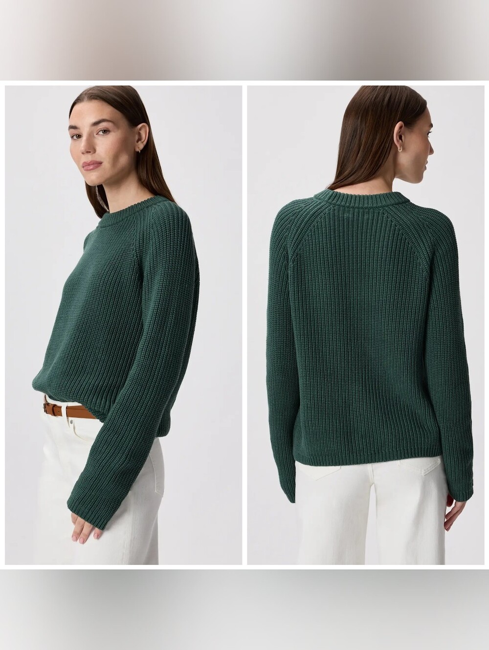 Quince 100% Organic Cotton Fisherman Crew Sweater, Green, Medium, Chunky Knit
